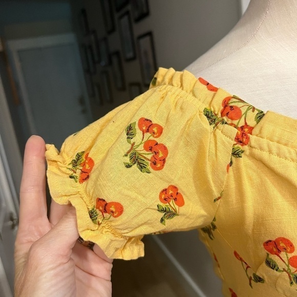 UO honey yellow with cherries print milkmaid mini dress with ruffles - Picture 3 of 14